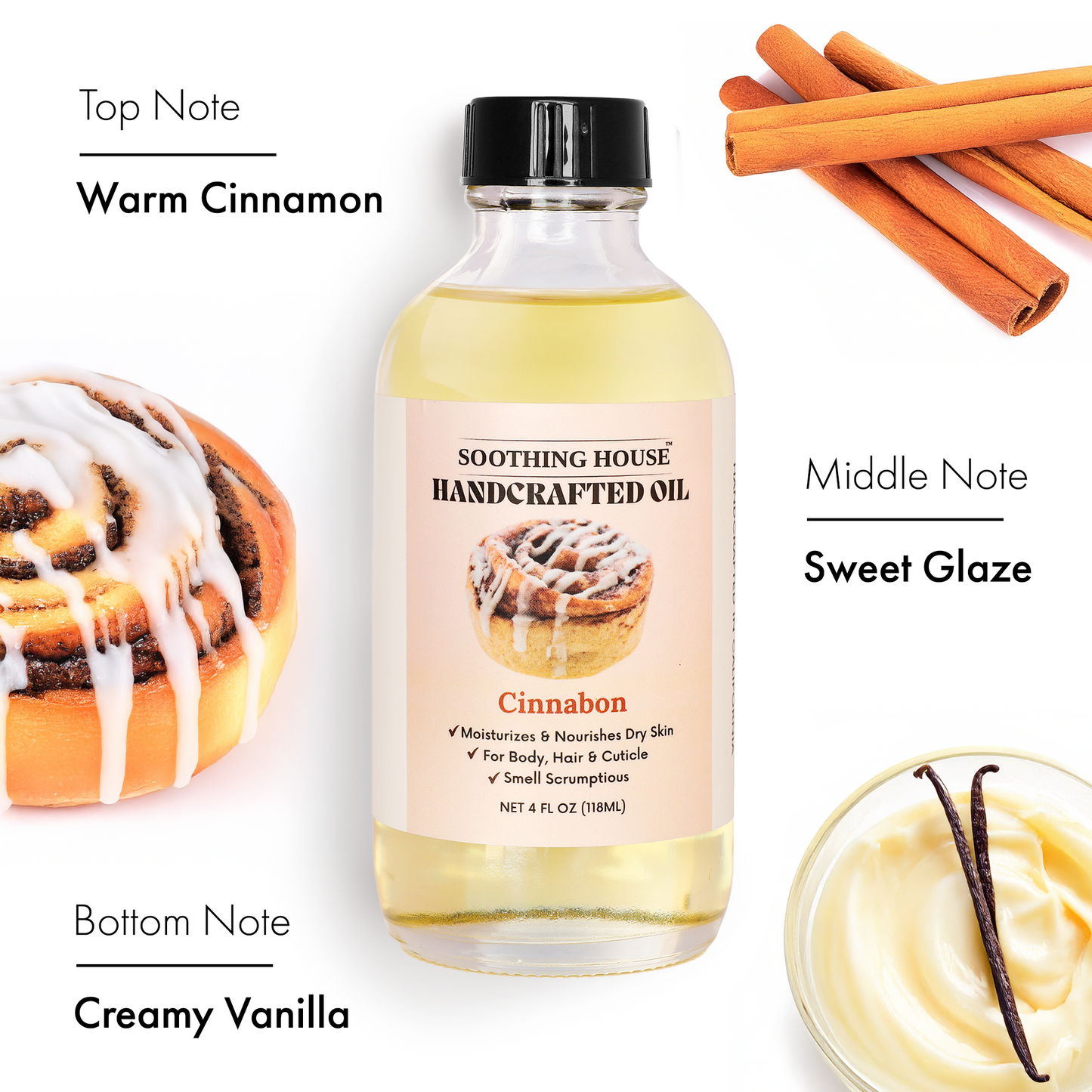 Handcrafted Cinnabon Body Oil – Dessert Scent for Glazed, Soft Skin, Sweet Cinnamon Vanilla Scented Moisturizing Oil for Glowing Skin | Soothing House TikTok Viral