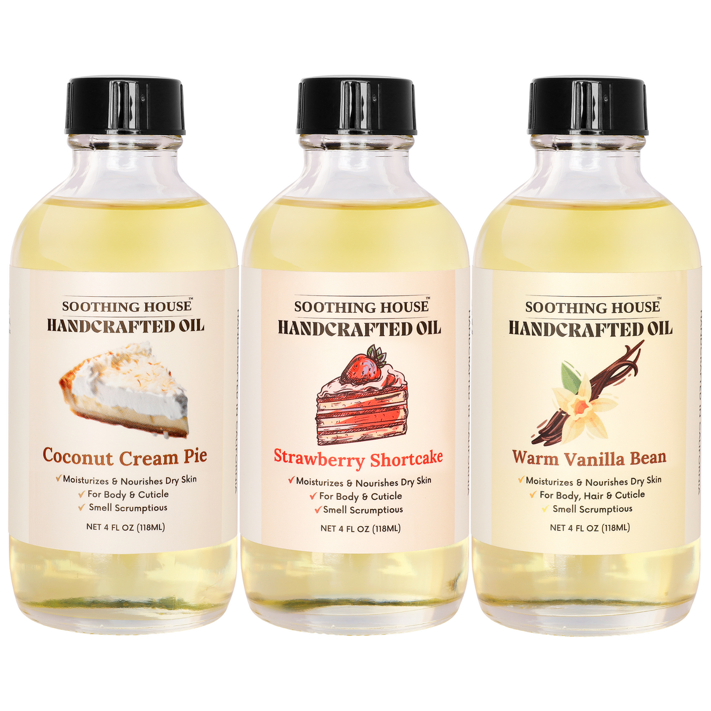 Best Selling Trio – Strawberry Shortcake, Vanilla Bean & Coconut Cream Pie – Sweet, Long-Lasting Scented Body Oils for Soft Skin, 3-Pack (4 oz Each)