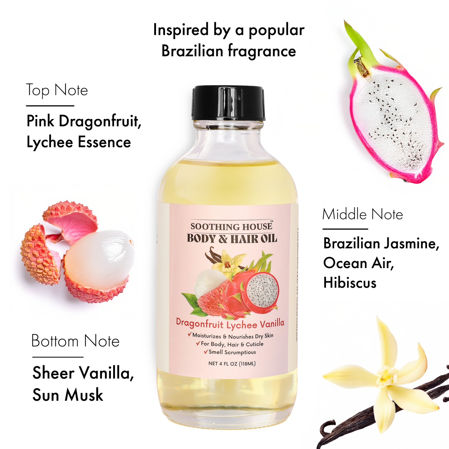 Dragonfruit Lychee Vanilla Body & Hair Oil – Brazilian-Inspired Hydrating Oil for Glowing Skin & Silky Hair, 4 fl oz