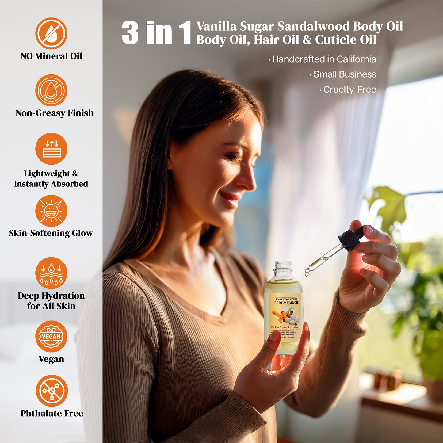 Vanilla Sugar Sandalwood Body & Hair Oil – Warm & Cozy Hydrating Oil with Jojoba, Sweet Almond & Vitamin E, 4 fl oz