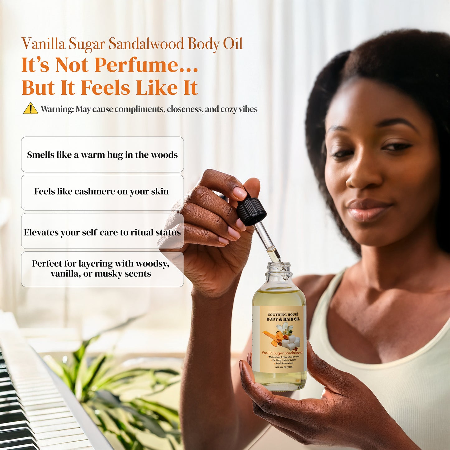 Vanilla Sugar Sandalwood Body & Hair Oil – Warm & Cozy Hydrating Oil with Jojoba, Sweet Almond & Vitamin E, 4 fl oz