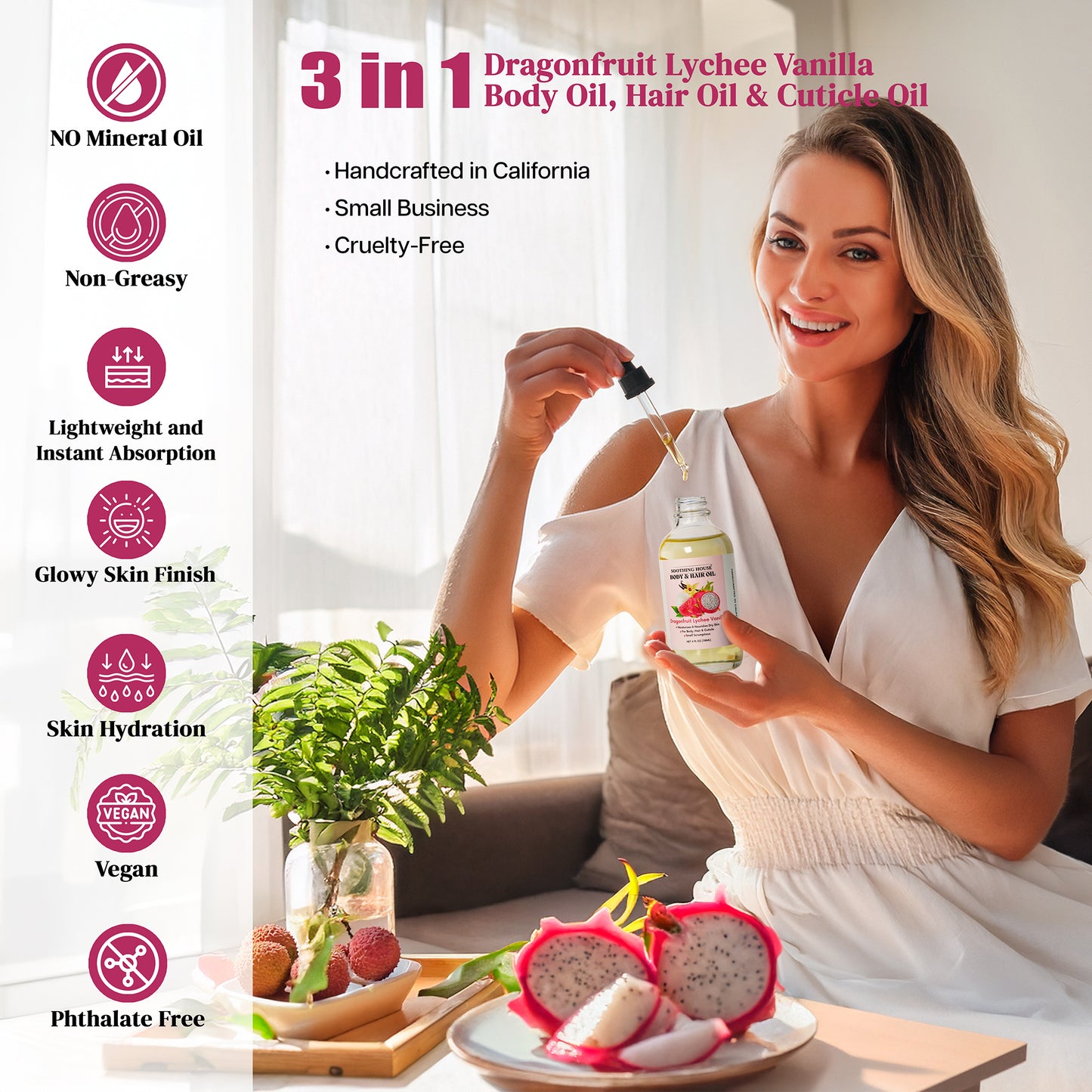 Dragonfruit Lychee Vanilla Body & Hair Oil – Brazilian-Inspired Hydrating Oil for Glowing Skin & Silky Hair, 4 fl oz