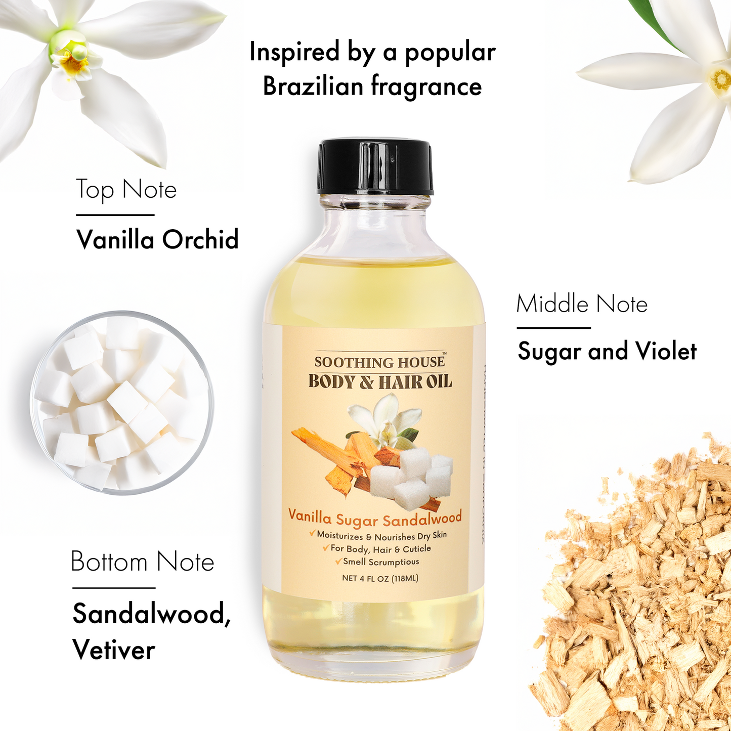 Vanilla Sugar Sandalwood Body & Hair Oil – Warm & Cozy Hydrating Oil with Jojoba, Sweet Almond & Vitamin E, 4 fl oz