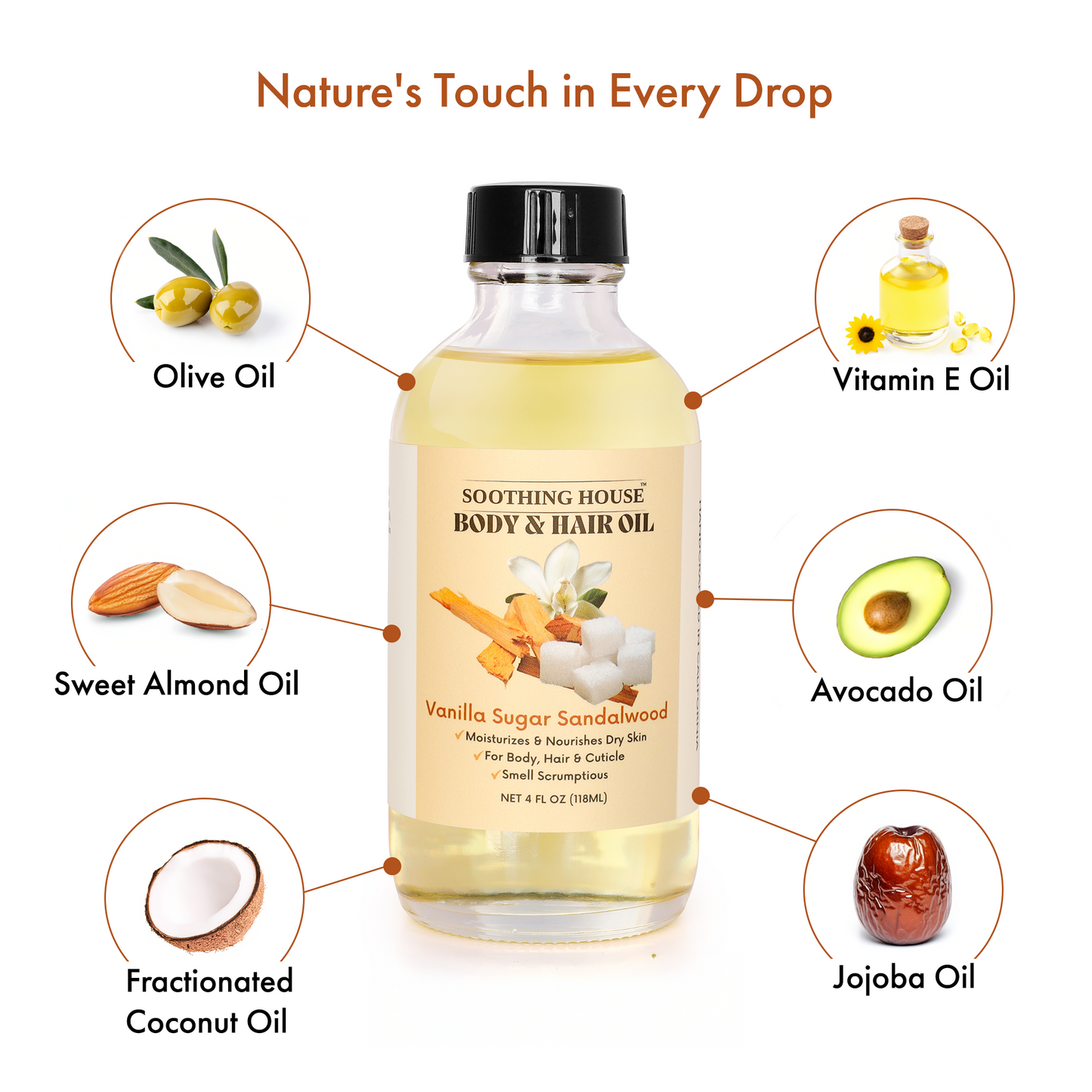 Vanilla Sugar Sandalwood Body & Hair Oil – Warm & Cozy Hydrating Oil with Jojoba, Sweet Almond & Vitamin E, 4 fl oz