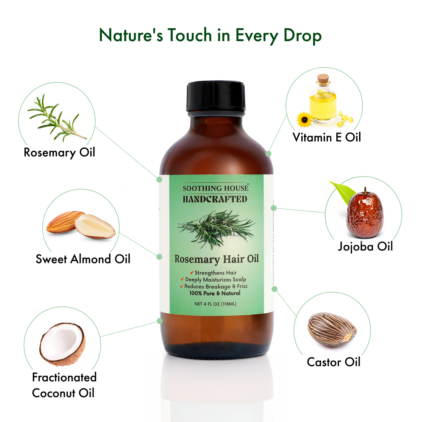 Rosemary Hair Growth Oil - All Natural - Stimulates Growth, Reduces Breakage, Strengthens & Nourishes - Handcrafted with Castor, Jojoba & Vitamin E - For All Hair Types (4oz)