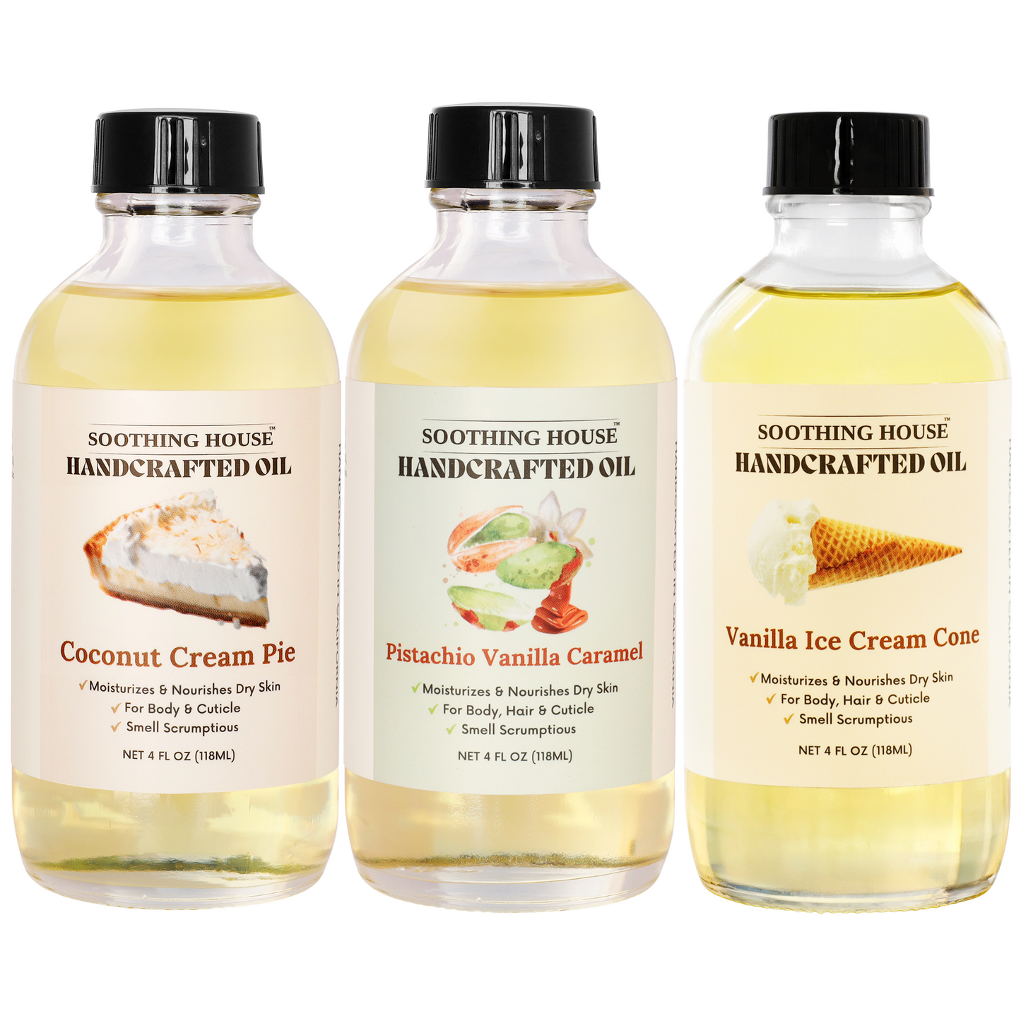 Vanilla Dream Trio Bundle – Gourmand Body Oil Set with Coconut Cream Pie, Pistachio Vanilla Caramel, and Vanilla Ice Cream Cone Scents