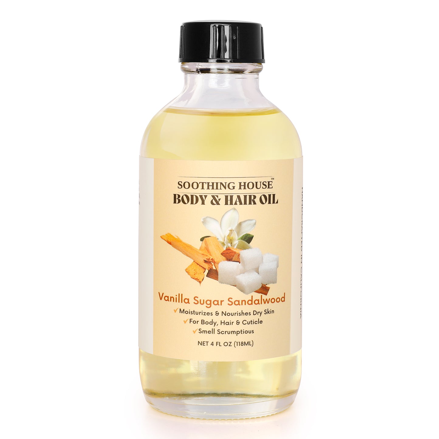 Vanilla Sugar Sandalwood Body & Hair Oil – Warm & Cozy Hydrating Oil with Jojoba, Sweet Almond & Vitamin E, 4 fl oz