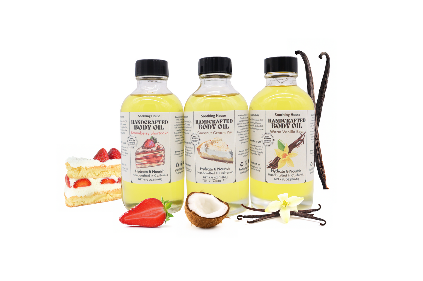 Best Selling Trio Bundle: Coconut Cream Body Oil, Vanilla Bean Body Oil & Strawberry Shortcake Body Oil