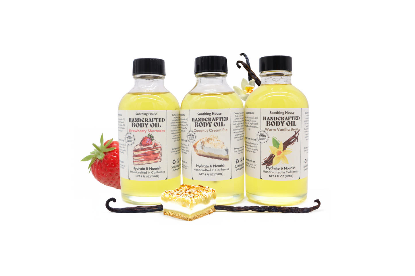 Best Selling Trio Bundle: Coconut Cream Body Oil, Vanilla Bean Body Oil & Strawberry Shortcake Body Oil