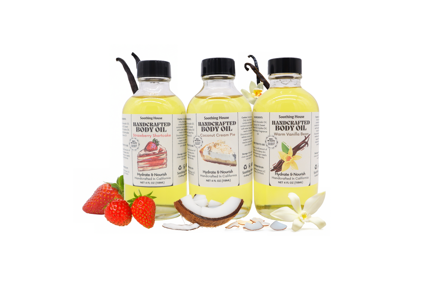 Best Selling Trio Bundle: Coconut Cream Body Oil, Vanilla Bean Body Oil & Strawberry Shortcake Body Oil