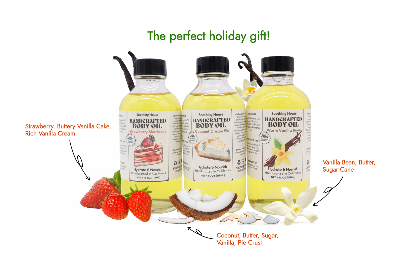 Best Selling Trio Bundle: Coconut Cream Body Oil, Vanilla Bean Body Oil & Strawberry Shortcake Body Oil